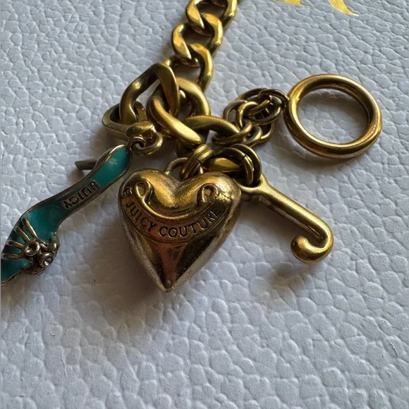 Juicy Couture Y2K Gold Tone Charm Chunky Bracelet Heart, J & Teal High Heel - Picture 4 of 9